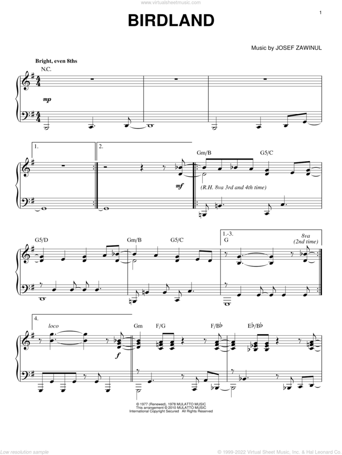 Birdland (arr. Brent Edstrom) sheet music for piano solo by Manhattan Transfer, Jon Hendricks and Josef Zawinul, intermediate skill level