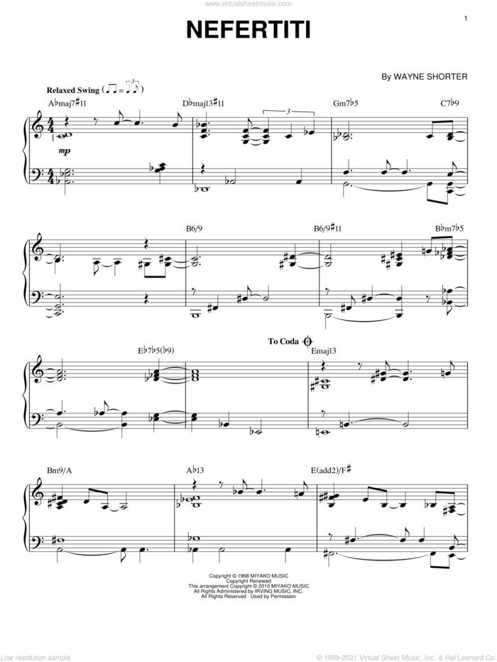Nefertiti (arr. Brent Edstrom) sheet music for piano solo by Wayne Shorter, intermediate skill level
