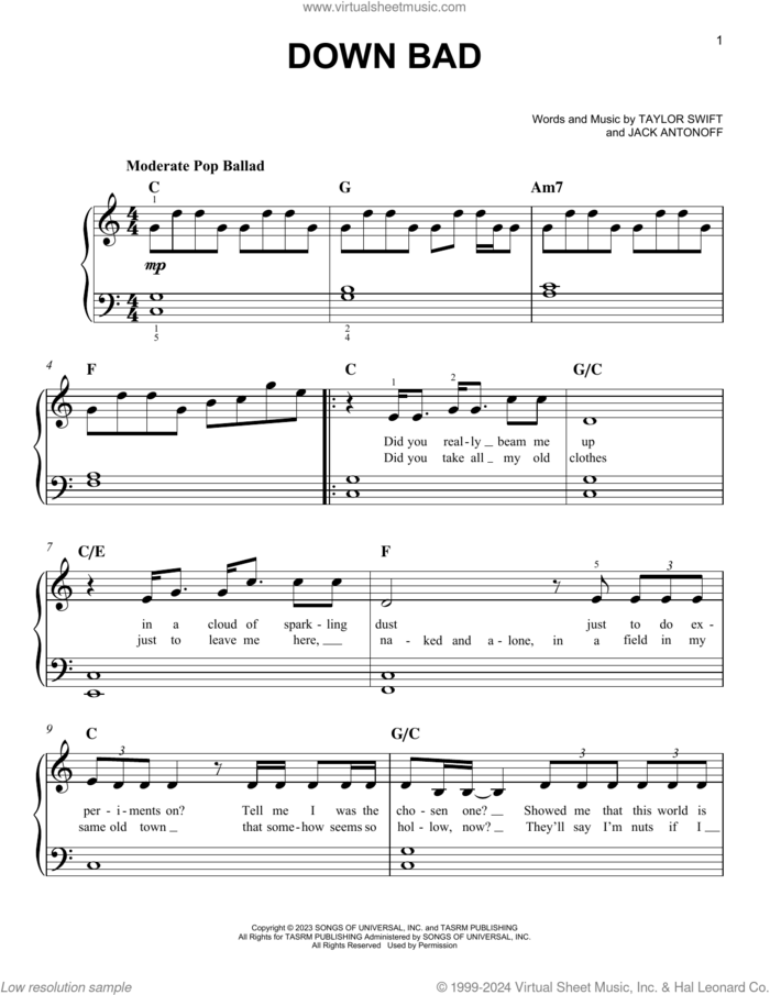 Down Bad sheet music for piano solo by Taylor Swift and Jack Antonoff, easy skill level