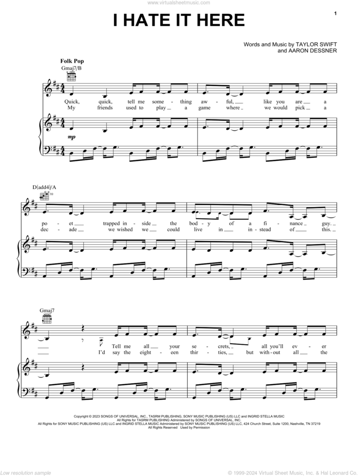 I Hate It Here sheet music for voice, piano or guitar by Taylor Swift and Aaron Dessner, intermediate skill level