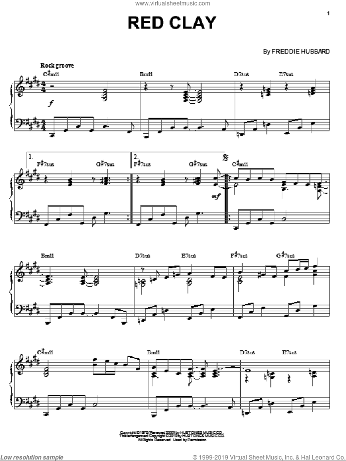 Red Clay (arr. Brent Edstrom) sheet music for piano solo by Freddie Hubbard, intermediate skill level