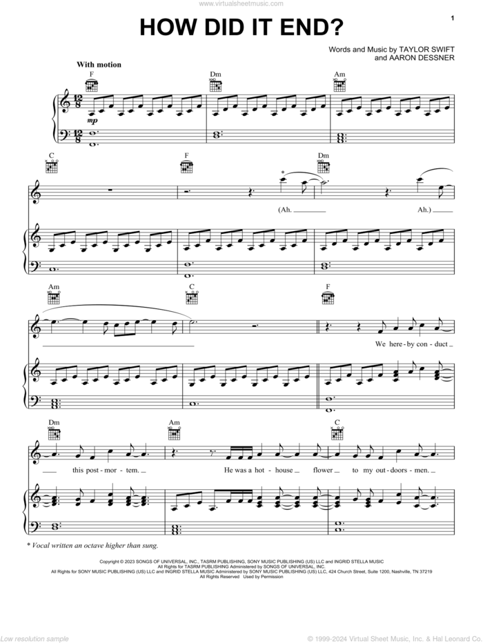 How Did It End? sheet music for voice, piano or guitar by Taylor Swift and Aaron Dessner, intermediate skill level