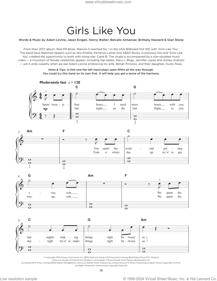 Girls Like You, (beginner) sheet music for piano solo by Maroon 5, Adam Levine, Brittany Hazzard, Gian Stone, Henry Walter and Jason Evigan, beginner skill level