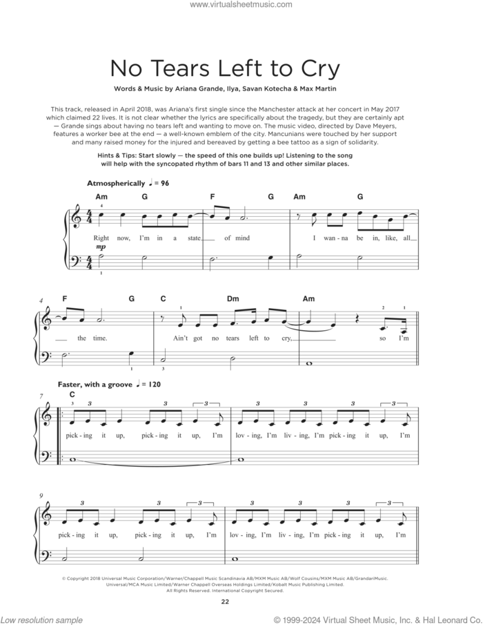 no tears left to cry sheet music for piano solo by Ariana Grande, Ilya, Max Martin and Savan Kotecha, beginner skill level