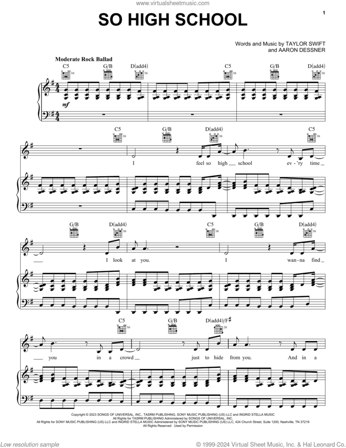 So High School sheet music for voice, piano or guitar by Taylor Swift and Aaron Dessner, intermediate skill level