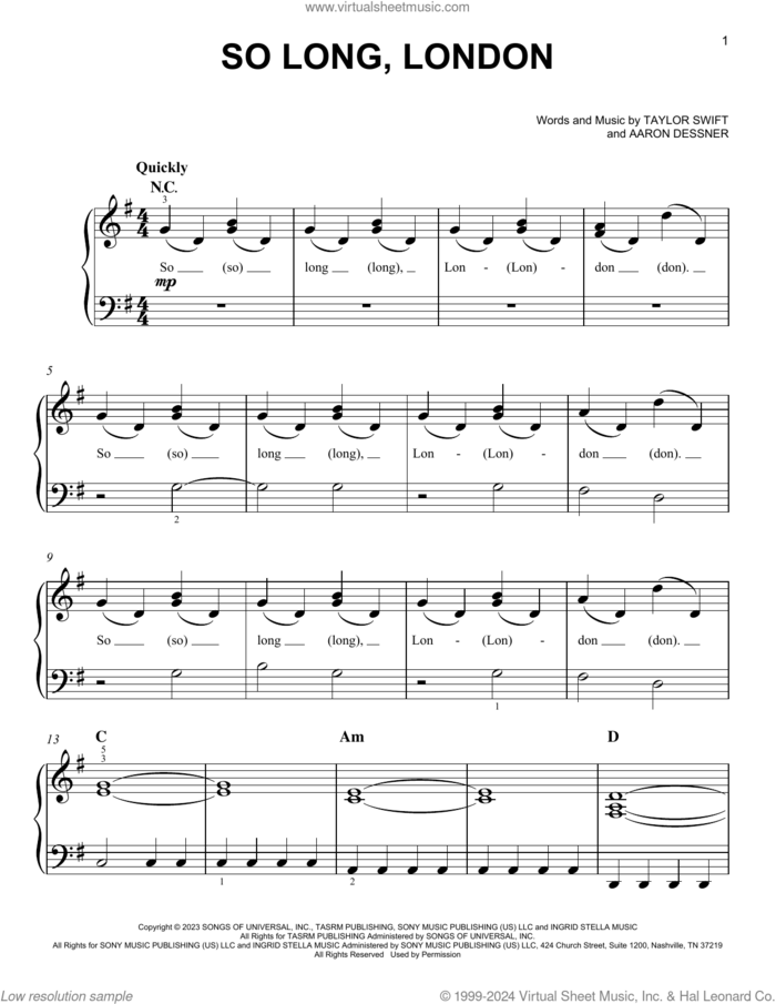So Long, London sheet music for piano solo by Taylor Swift and Aaron Dessner, easy skill level
