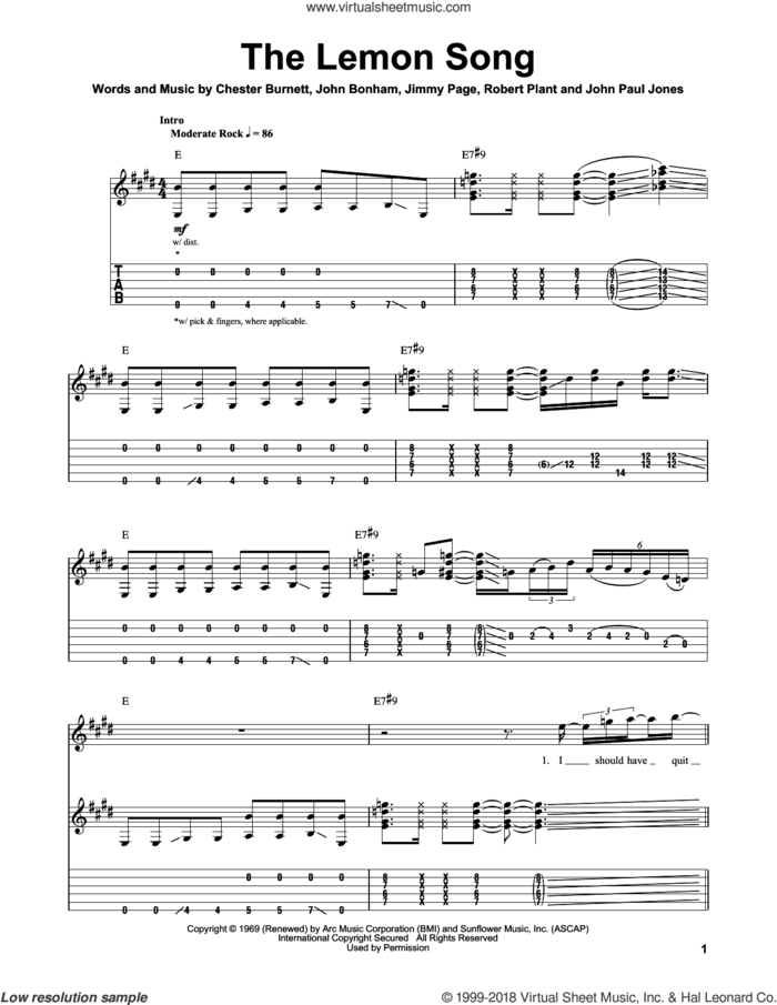 The Lemon Song sheet music for guitar (tablature, play-along) by Led Zeppelin, Chester Burnett, Jimmy Page, John Bonham, John Paul Jones and Robert Plant, intermediate skill level