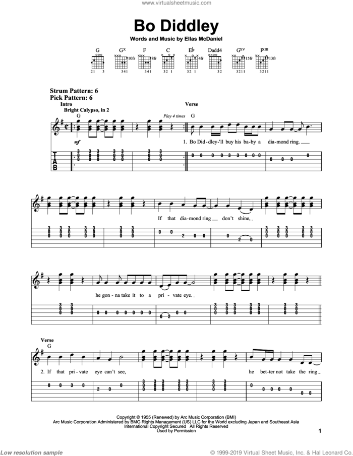 Bo Diddley sheet music for guitar solo (easy tablature) by Bo Diddley and Ellas McDaniels, easy guitar (easy tablature)