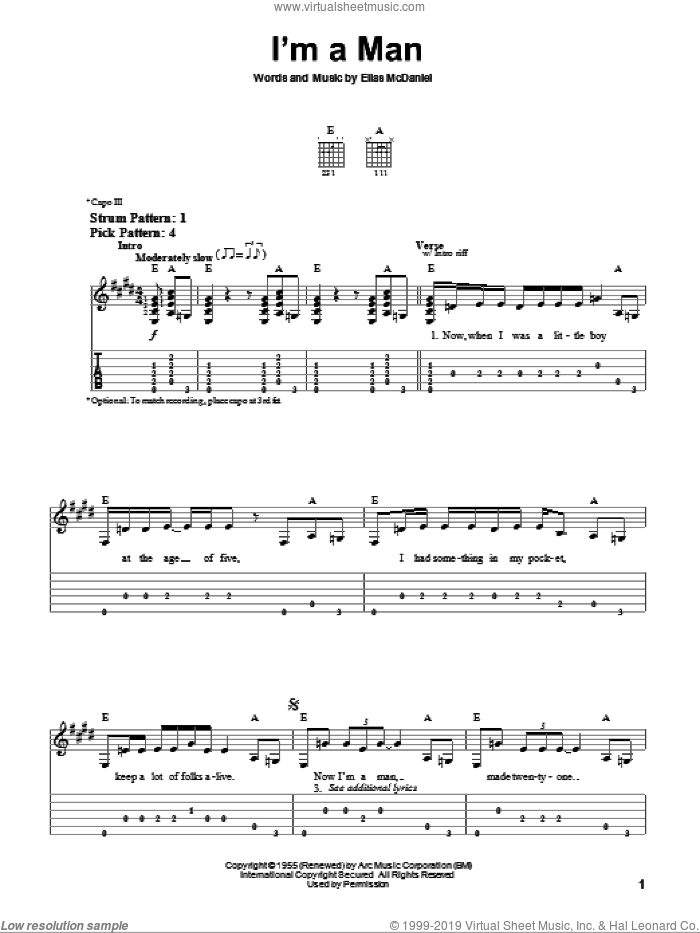 I'm A Man sheet music for guitar solo (easy tablature) by The Yardbirds, Bo Diddley and Ellas McDaniels, easy guitar (easy tablature)