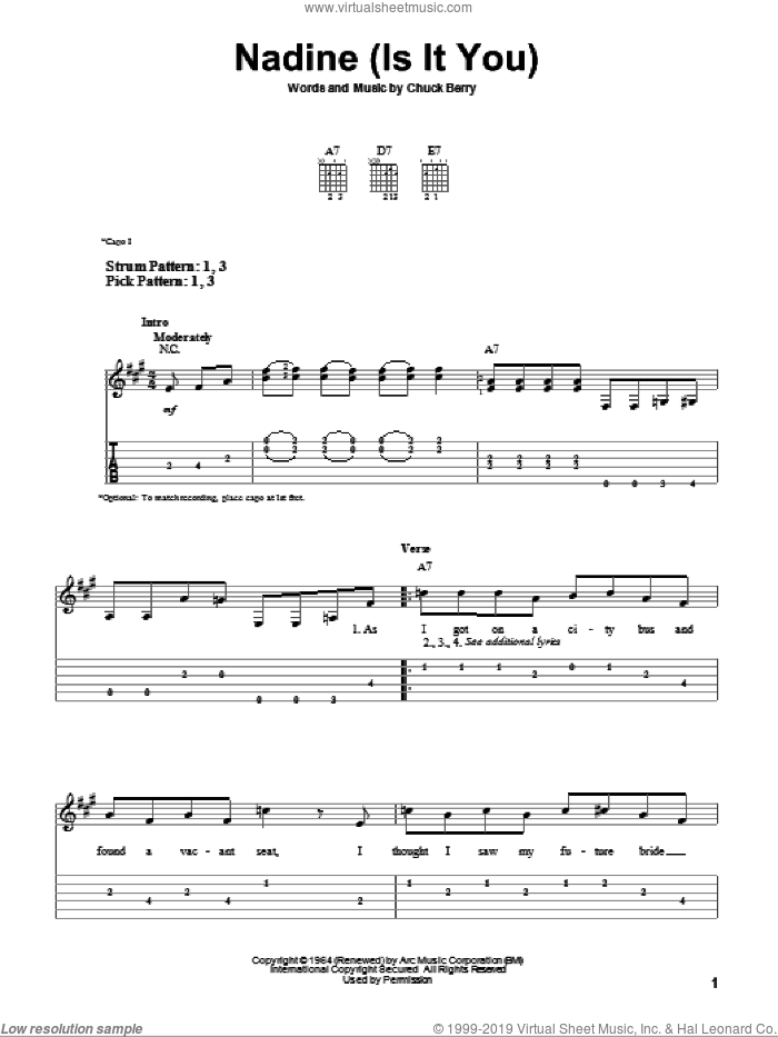 Nadine (Is It You) sheet music for guitar solo (easy tablature) by Chuck Berry, easy guitar (easy tablature)