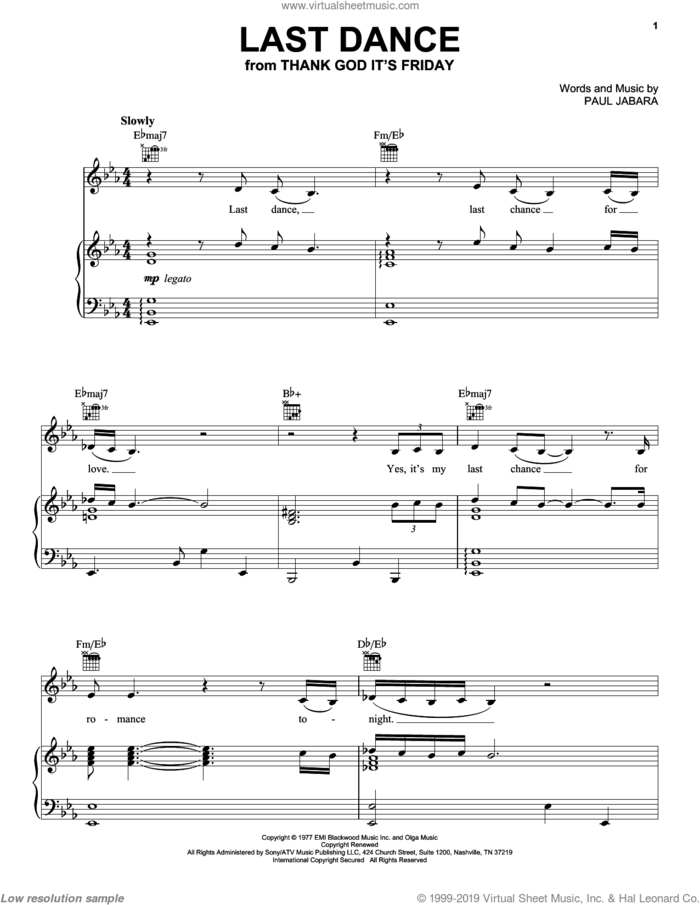 Last Dance sheet music for voice, piano or guitar by Donna Summer and Paul Jabara, intermediate skill level
