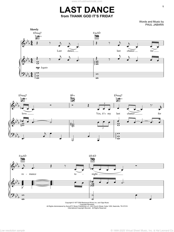 Last Dance sheet music for voice, piano or guitar by Donna Summer and Paul Jabara, intermediate skill level