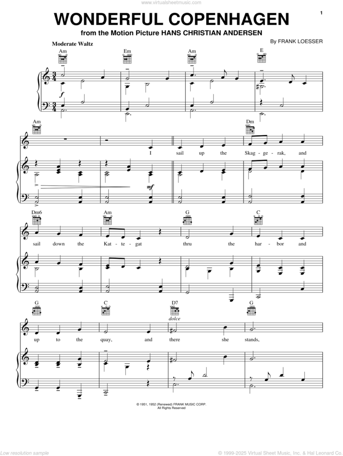 Wonderful Copenhagen sheet music for voice, piano or guitar by Frank Loesser, intermediate skill level