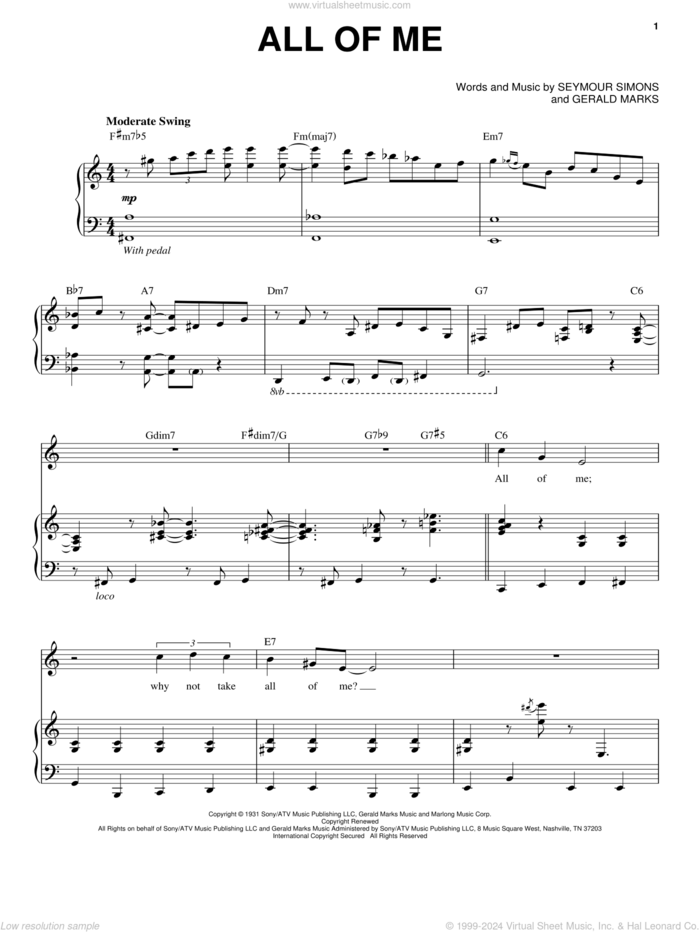 All Of Me sheet music for voice and piano by Michael Buble, Frank Sinatra, Louis Armstrong, Willie Nelson, Gerald Marks and Seymour Simons, intermediate skill level