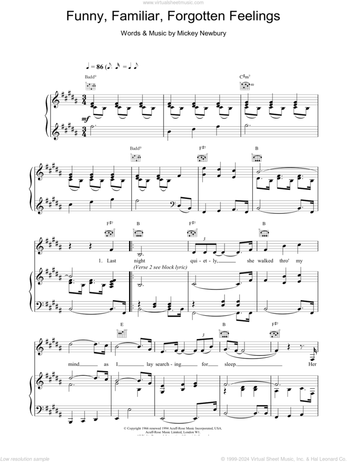 Funny Familiar Forgotten Feelings sheet music for voice, piano or guitar by Tom Jones and Mickey Newbury, intermediate skill level