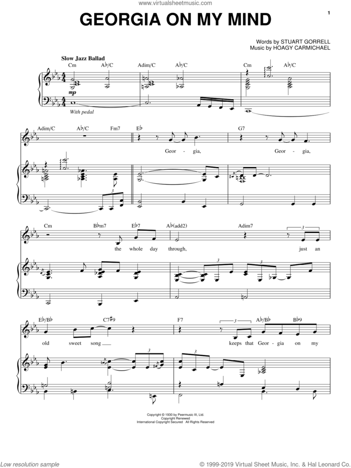 Georgia On My Mind sheet music for voice and piano by Michael Buble, Ray Charles, Willie Nelson, Hoagy Carmichael and Stuart Gorrell, intermediate skill level