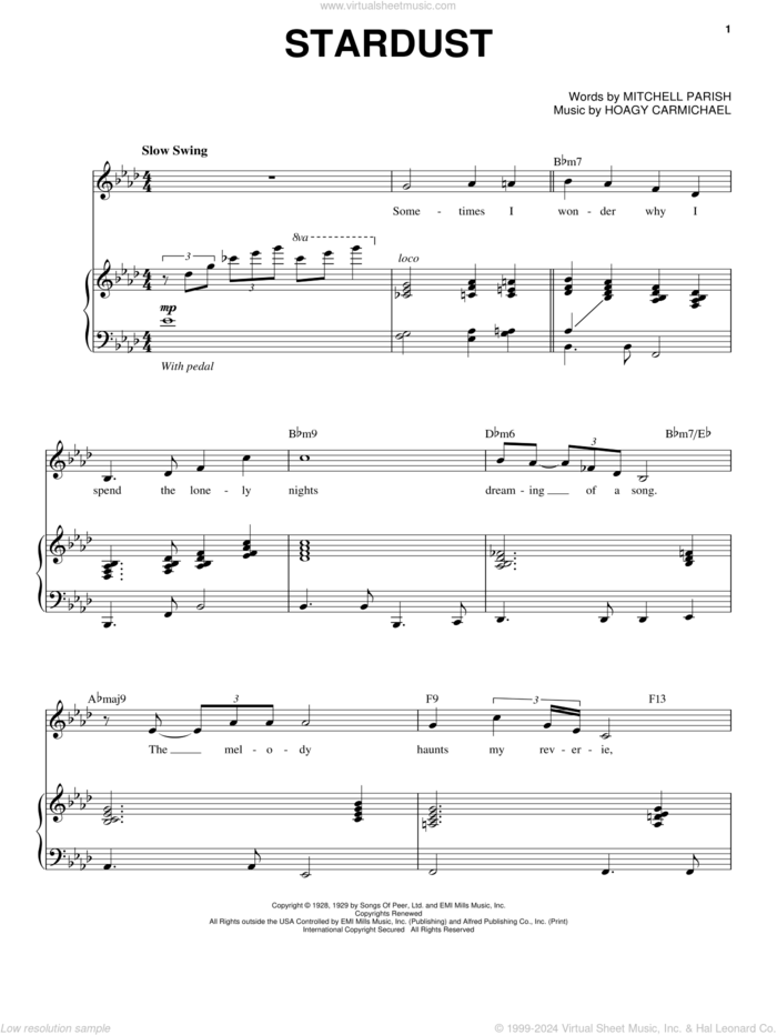 Stardust sheet music for voice and piano by Michael Buble, Hoagy Carmichael and Mitchell Parish, intermediate skill level