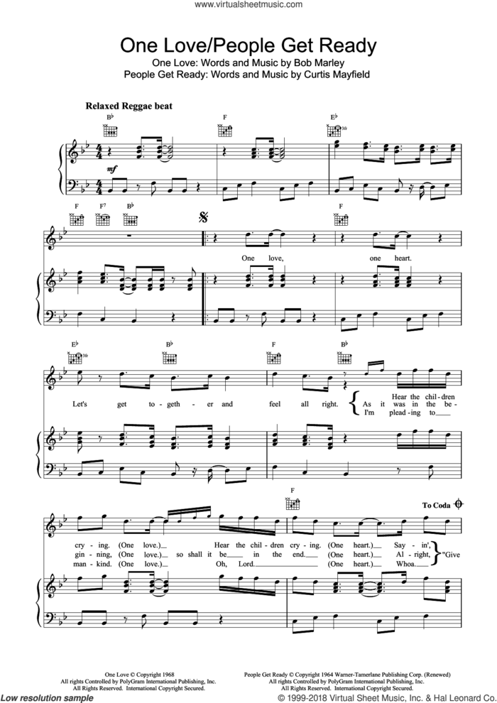 One Love/People Get Ready sheet music for voice, piano or guitar by Bob Marley and Curtis Mayfield, intermediate skill level