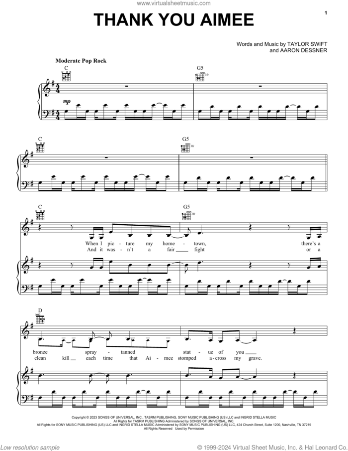 thanK you aIMee sheet music for voice, piano or guitar by Taylor Swift and Aaron Dessner, intermediate skill level