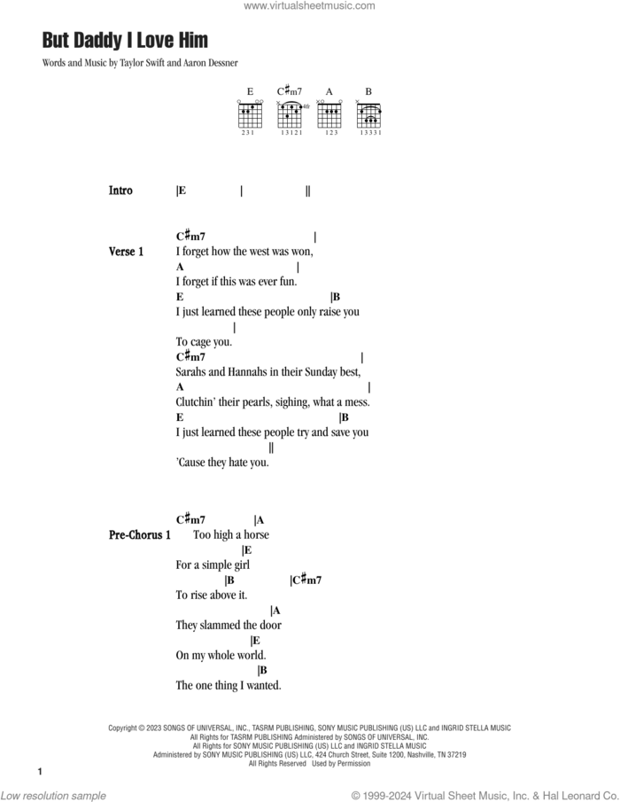 But Daddy I Love Him sheet music for guitar (chords) by Taylor Swift and Aaron Dessner, intermediate skill level