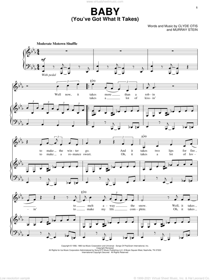 Baby (You've Got What It Takes) sheet music for voice and piano by Michael Buble, Brenton Brown, Dinah Washington, Clyde Otis and Murray Stein, intermediate skill level