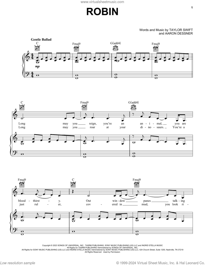 Robin sheet music for voice, piano or guitar by Taylor Swift and Aaron Dessner, intermediate skill level