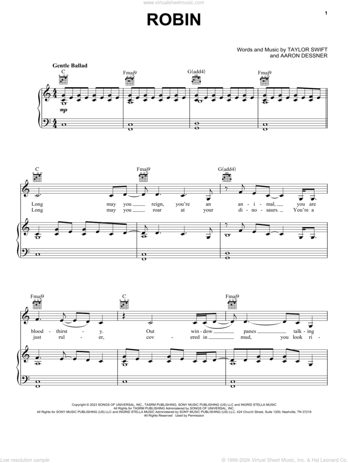 Robin sheet music for voice, piano or guitar by Taylor Swift and Aaron Dessner, intermediate skill level