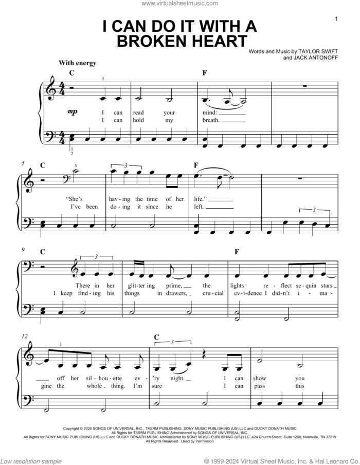 I Can Do It With a Broken Heart sheet music for piano solo by Taylor Swift and Jack Antonoff, easy skill level