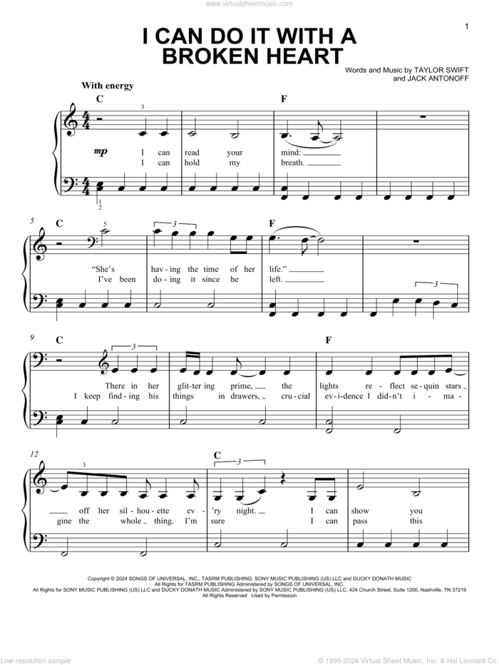 I Can Do It With a Broken Heart sheet music for piano solo by Taylor Swift and Jack Antonoff, easy skill level