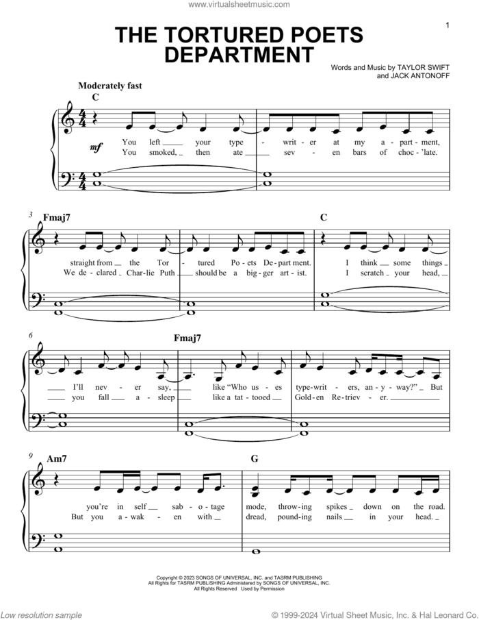 The Tortured Poets Department sheet music for piano solo by Taylor Swift and Jack Antonoff, easy skill level
