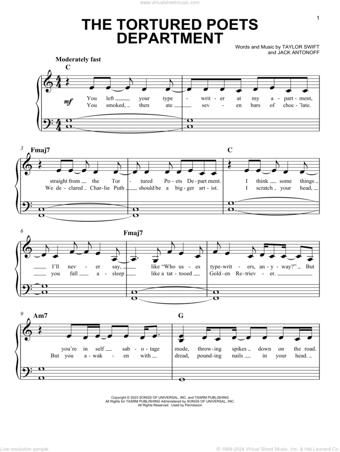 The Tortured Poets Department sheet music for piano solo by Taylor Swift and Jack Antonoff, easy skill level