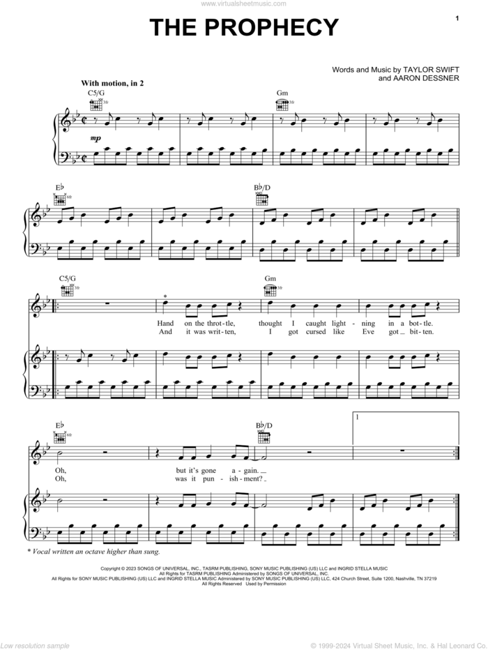 The Prophecy sheet music for voice, piano or guitar by Taylor Swift and Aaron Dessner, intermediate skill level