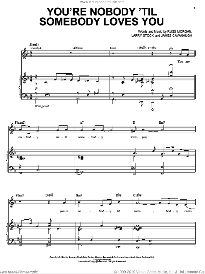You're Nobody 'Til Somebody Loves You sheet music for voice and piano by Michael Buble, Dean Martin, Frank Sinatra, James Cavanaugh, Larry Stock and Russ Morgan, intermediate skill level