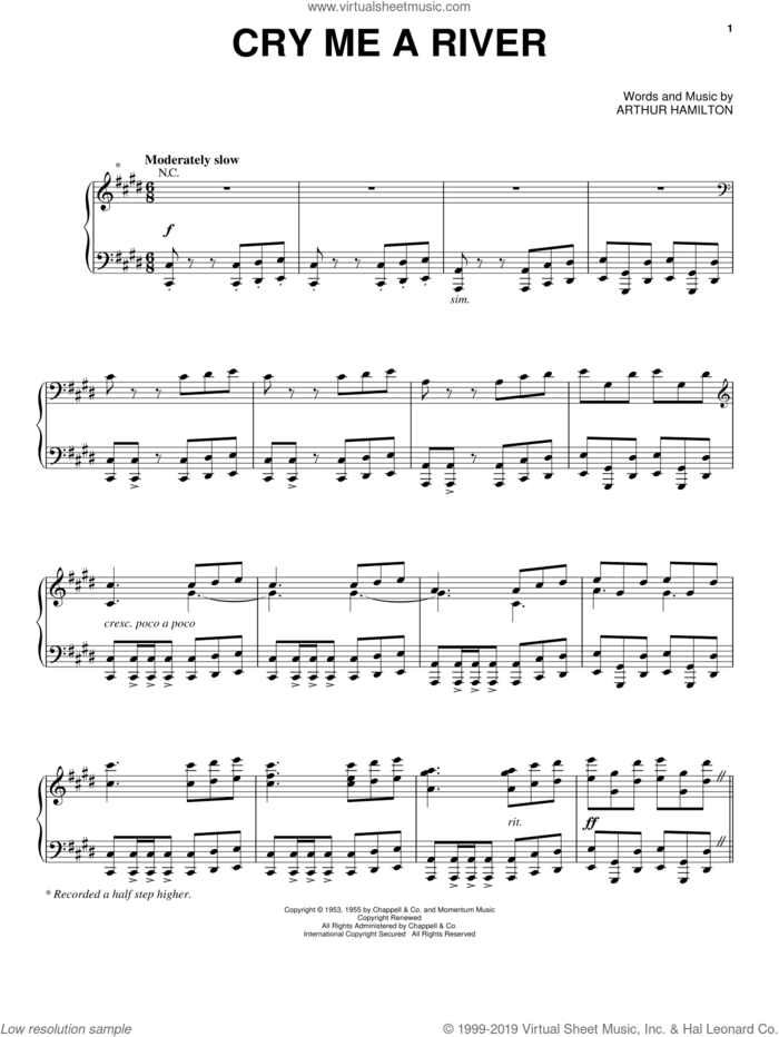 Cry Me A River sheet music for voice and piano by Michael Buble, Ella Fitzgerald, Julie London and Arthur Hamilton, intermediate skill level