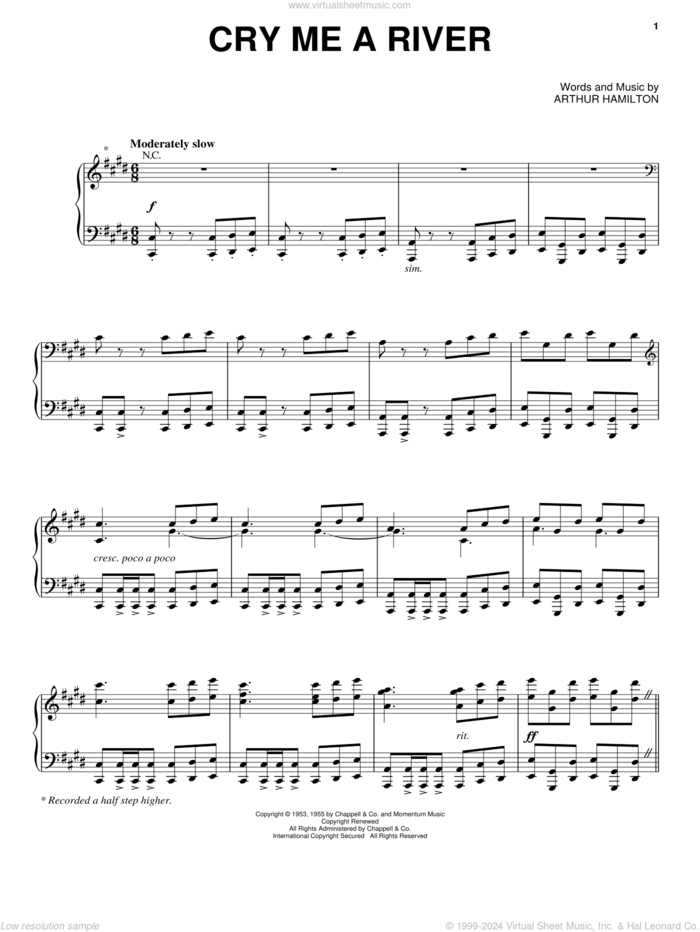 Cry Me A River sheet music for voice and piano by Michael Buble, Ella Fitzgerald, Julie London and Arthur Hamilton, intermediate skill level