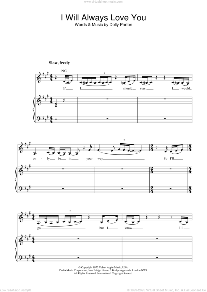 I Will Always Love You (from The Bodyguard) sheet music for voice, piano or guitar by Whitney Houston, David Foster and Dolly Parton, wedding score, intermediate skill level