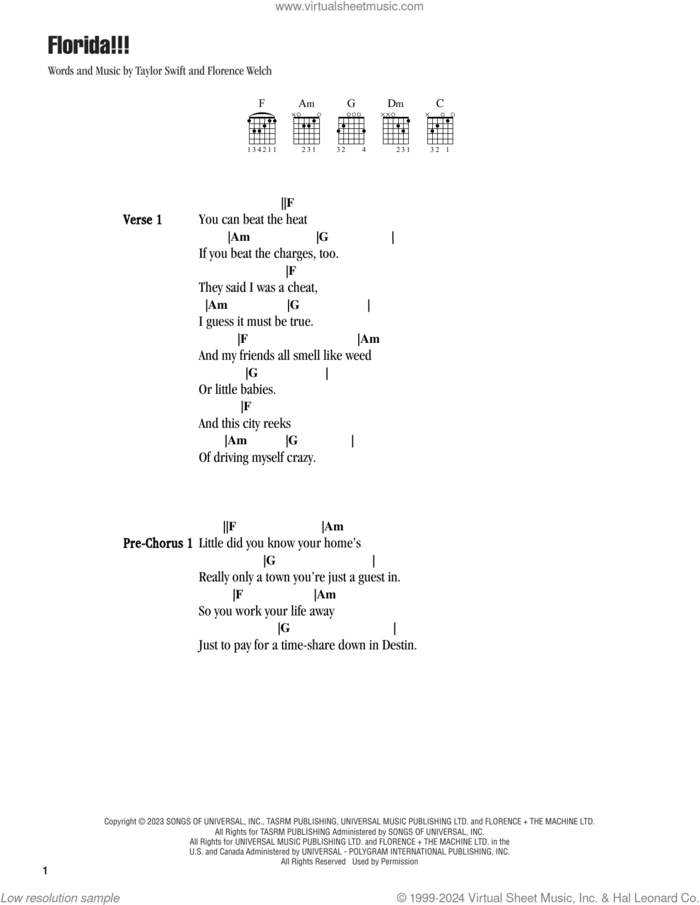 Florida!!! (feat. Florence + The Machine) sheet music for guitar (chords) by Taylor Swift and Florence Welch, intermediate skill level