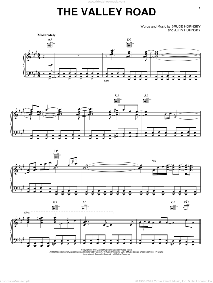 The Valley Road sheet music for voice, piano or guitar by Bruce Hornsby, B.R. Hornsby and John Hornsby, intermediate skill level