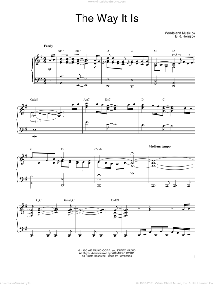 The Way It Is sheet music for voice and piano by Bruce Hornsby, intermediate skill level
