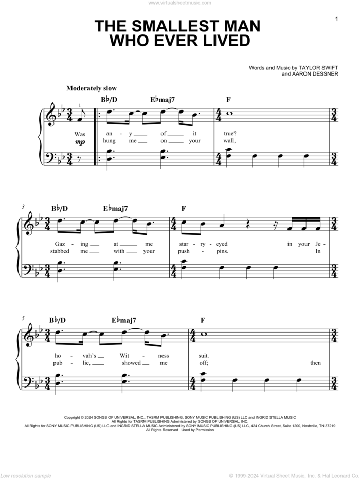 The Smallest Man Who Ever Lived sheet music for piano solo by Taylor Swift and Aaron Dessner, easy skill level