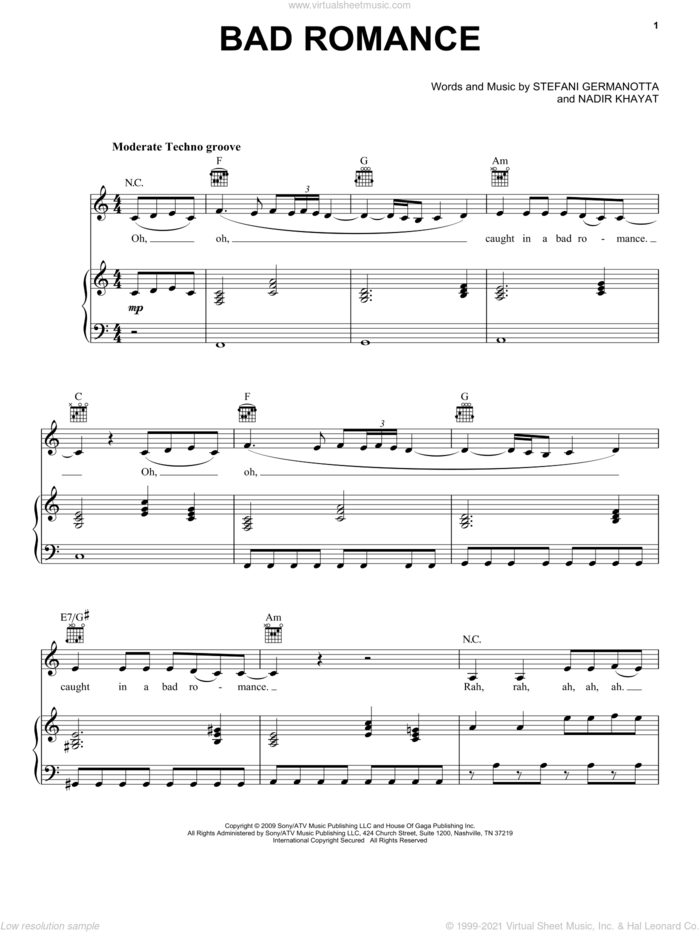 Bad Romance sheet music for voice, piano or guitar by Lady GaGa, Miscellaneous and Nadir Khayat, intermediate skill level