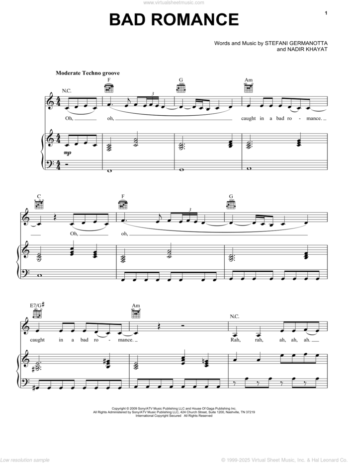 Bad Romance sheet music for voice, piano or guitar by Lady GaGa, Miscellaneous and Nadir Khayat, intermediate skill level