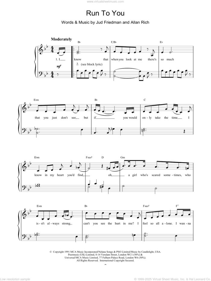 Run To You sheet music for piano solo by Whitney Houston and Jud Friedman, easy skill level