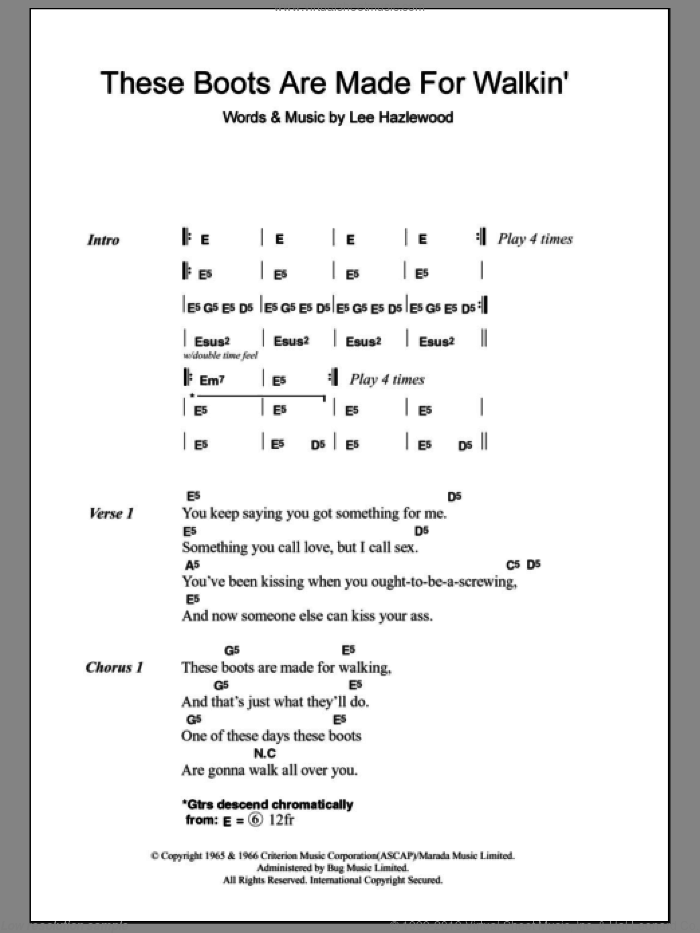 These Boots Are Made For Walking sheet music for guitar (chords) by Megadeth and Lee Hazlewood, intermediate skill level