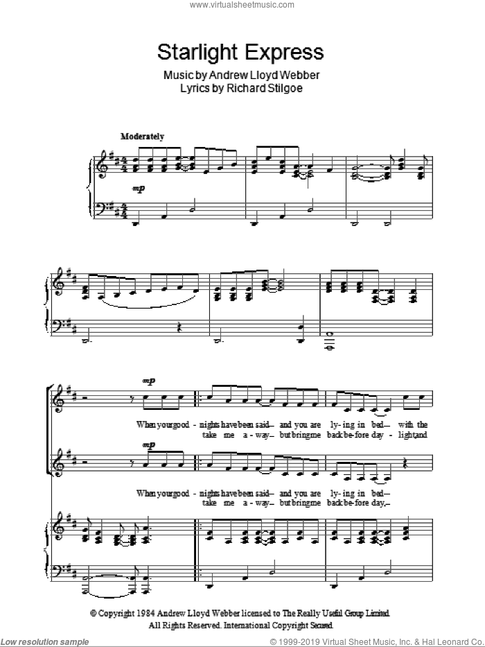 Starlight Express sheet music for choir (2-Part) by Andrew Lloyd Webber and Richard Stilgoe, intermediate duet