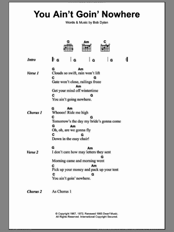 You Ain't Goin' Nowhere sheet music for guitar (chords) by Bob Dylan, intermediate skill level