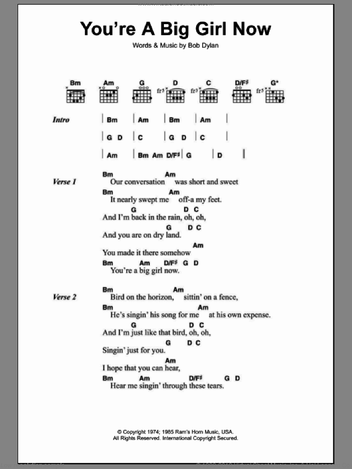 You're A Big Girl Now sheet music for guitar (chords) by Bob Dylan, intermediate skill level