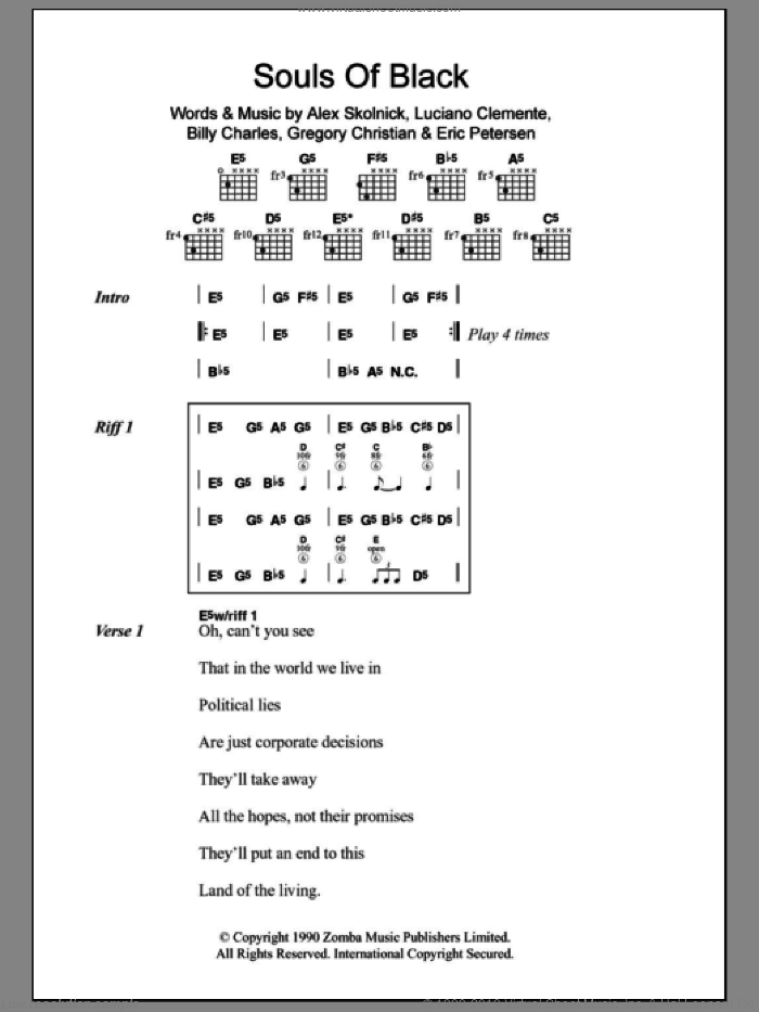 Souls Of Black sheet music for guitar (chords) by Testament, Alex Skolnick, Billy Charles, Eric Petersen, Gregory Christian and Luciano Clemente, intermediate skill level