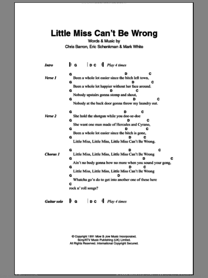 Little Miss Can't Be Wrong sheet music for guitar (chords) by Spin Doctors, Chris Barron, Eric Schenkman and Mark White, intermediate skill level