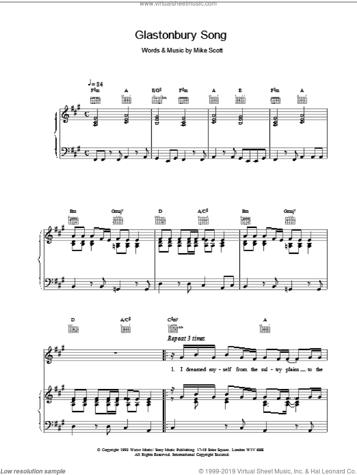 Glastonbury Song sheet music for voice, piano or guitar by The Waterboys and Mike Scott, intermediate skill level